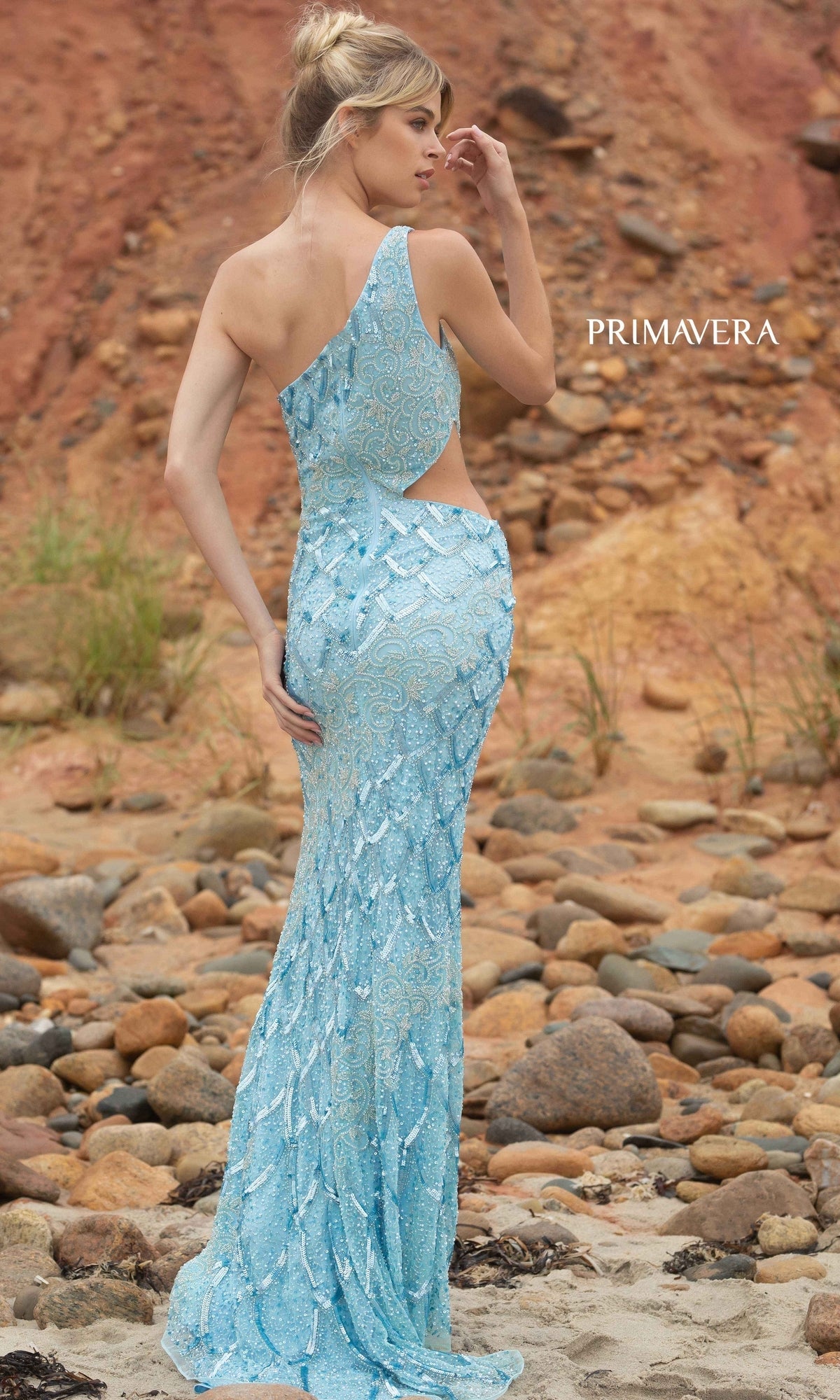 Primavera 3729 One-Shoulder Long Sequin Prom Dress - Image 14