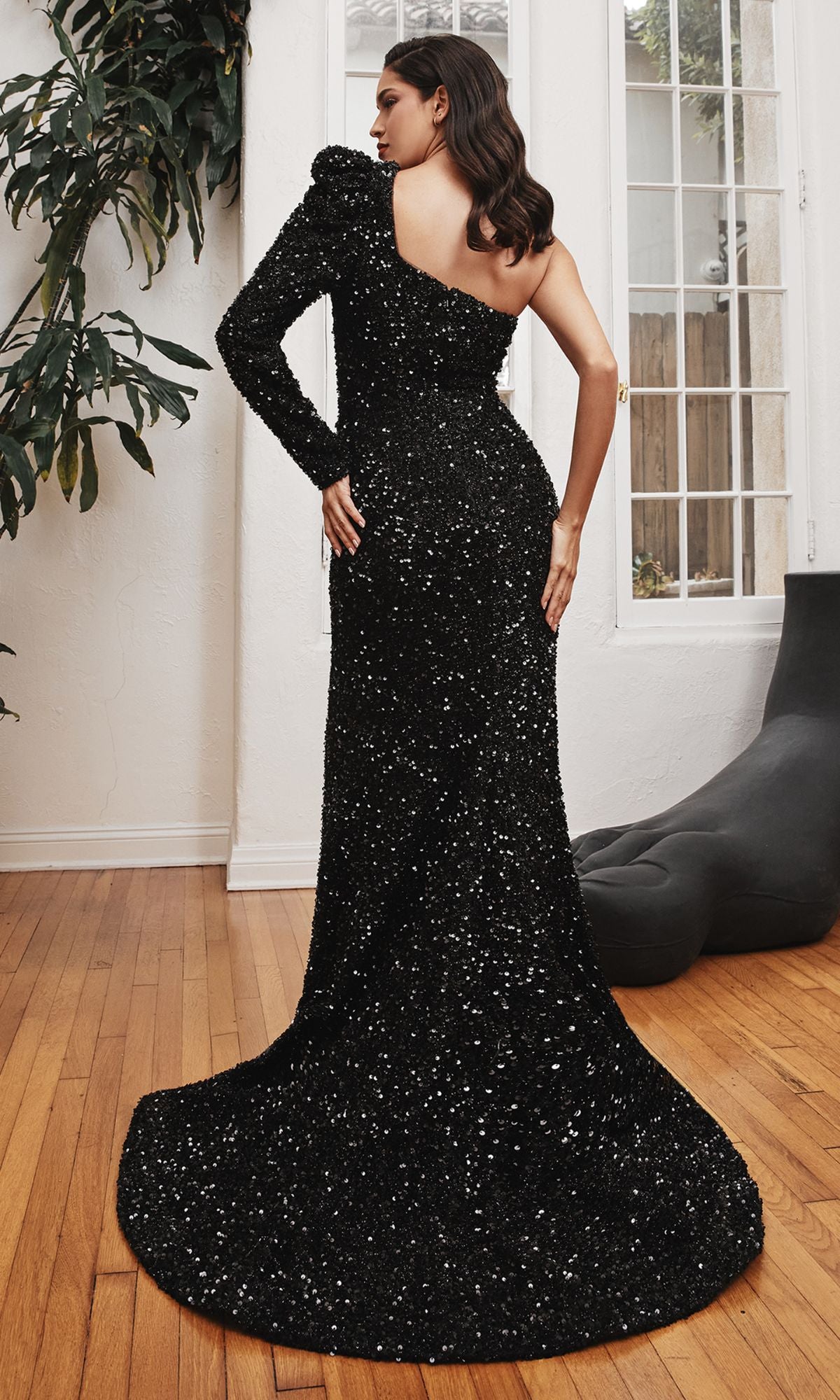 One-Sleeve Long Black Sequin Formal Dress CD885 - Image 2