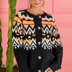 BiBi Ethnic Pattern Button Up Knit Cardigan
