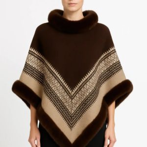 Chevron Trim Poncho With Faux Fur Collar