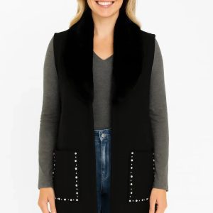 Sleeveless Wool-blend Vest With Faux Fur Collar