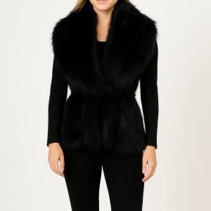 Black Sleeveless Faux Fur Vest With Cinched Waist