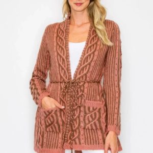 Open Wool Cardigan With Belt String & Front Pocket