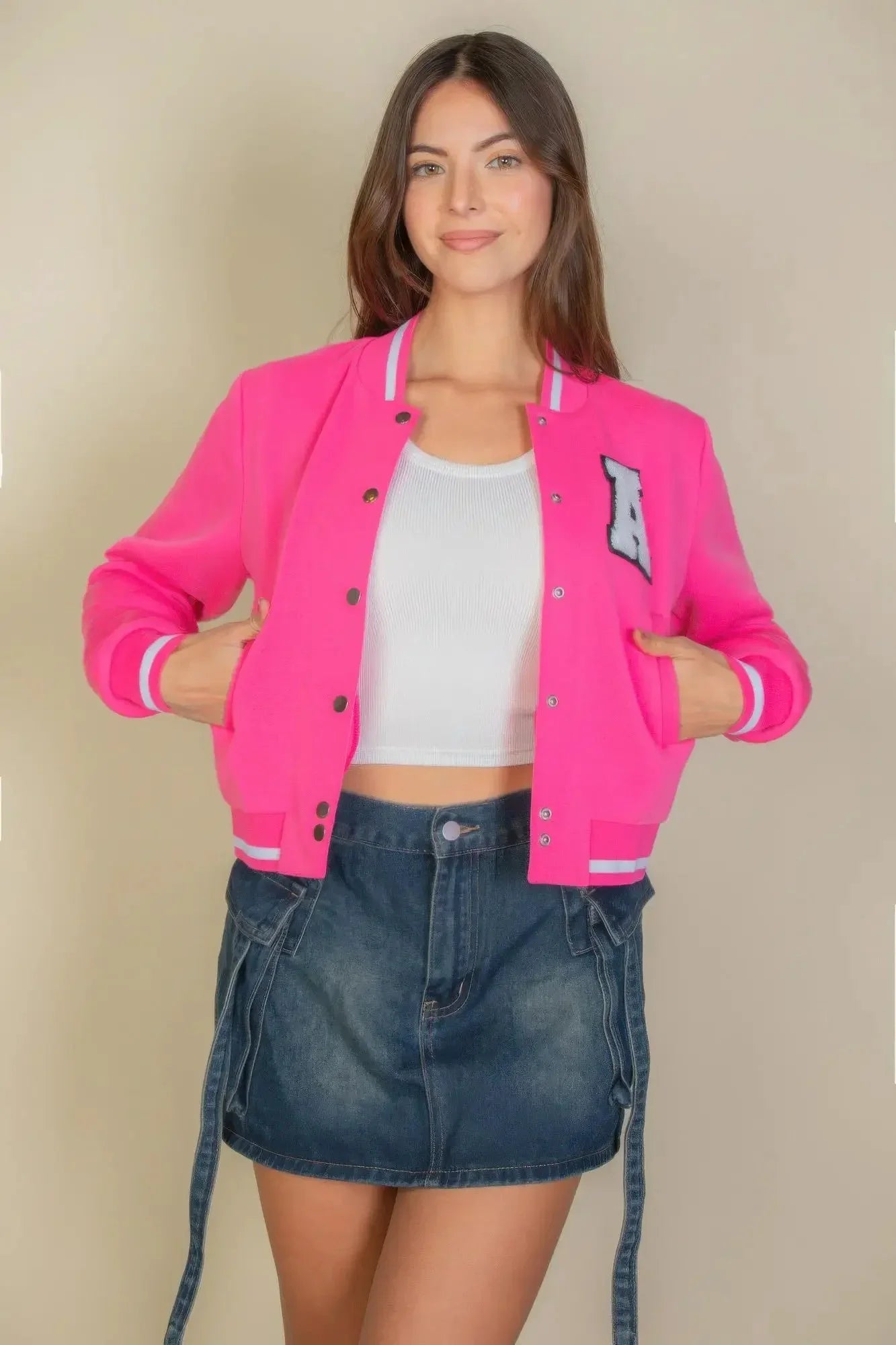 Ezwear Letter Patched Crop Varsity Jacket - Image 4