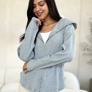 Culture Code Full Size Ribbed Zip Up Drawstring Hooded Jacket