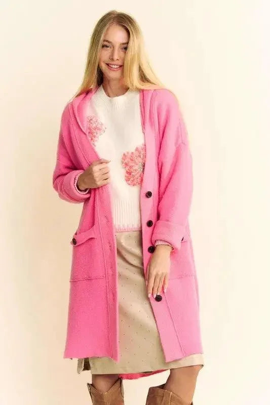 Davi & Dani Side Slit Button Up Hooded Cardigan
