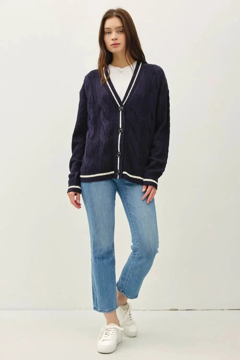 Be Cool Contrast Trim Cable-Knit V-Neck Cardigan - Image 5