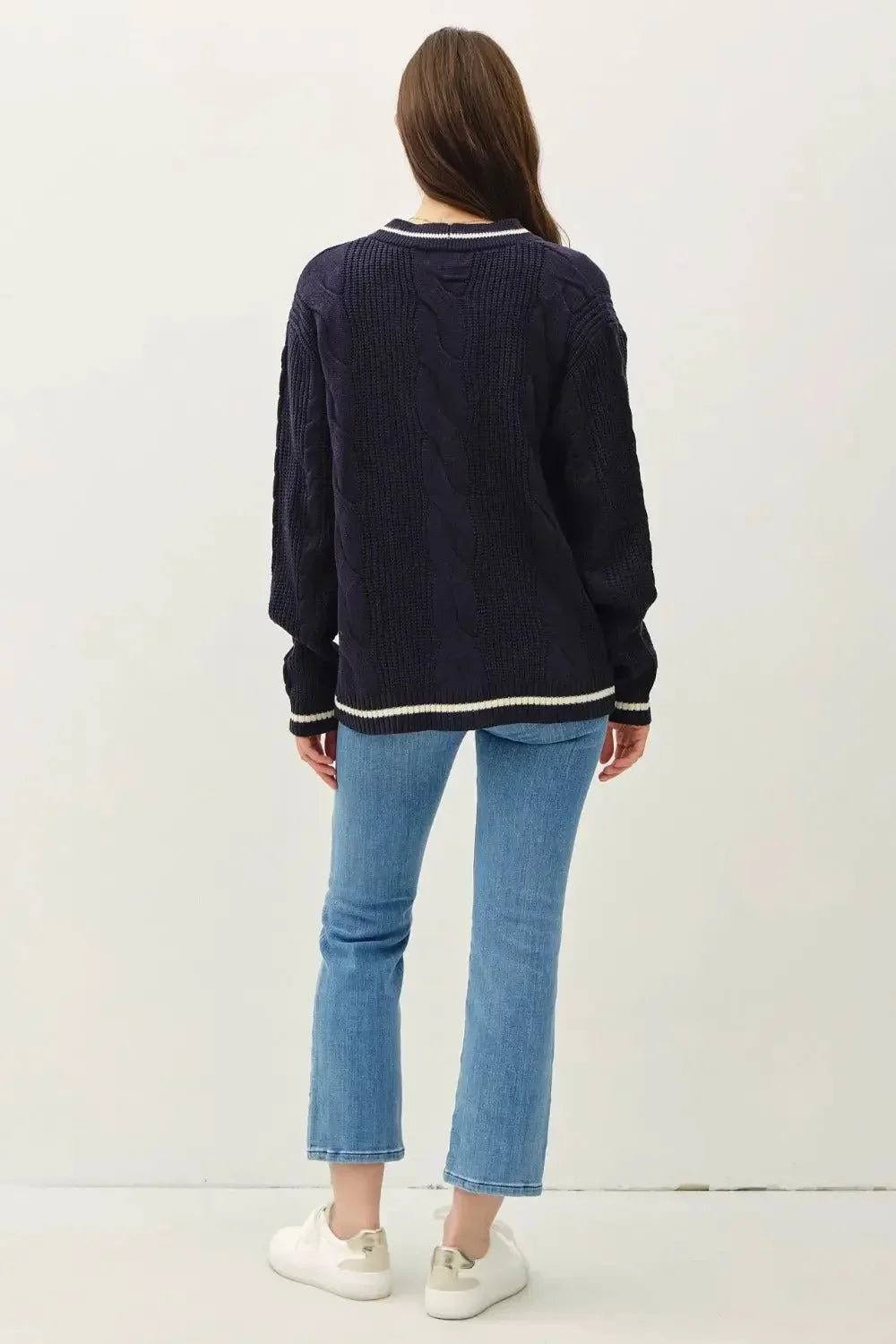 Be Cool Contrast Trim Cable-Knit V-Neck Cardigan - Image 3